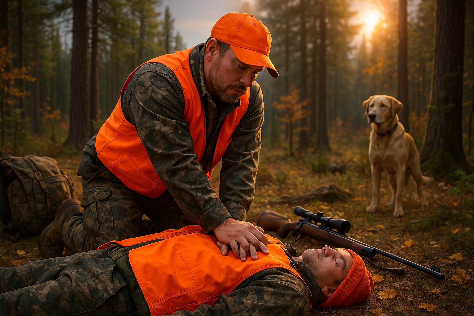 Hunter giving CPR to another Hunter