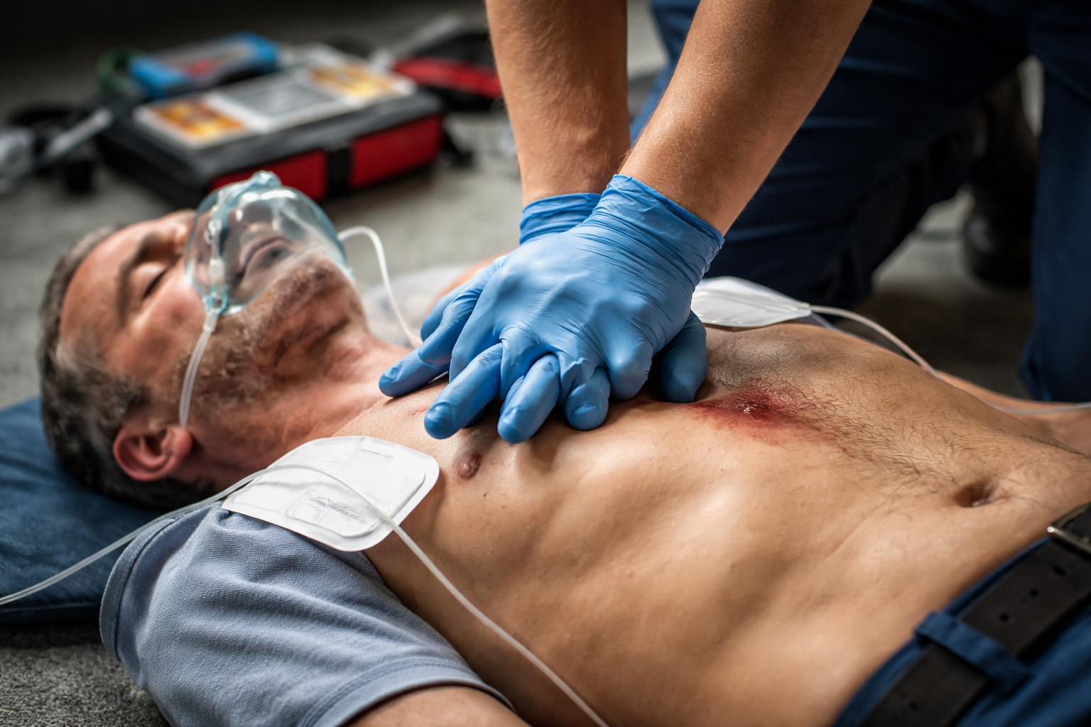 Does CPR hurt? A close-up of a first responder performing chest compressions during CPR on an unconscious man with an oxygen mask and AED pads in place, showing proper life-saving technique.