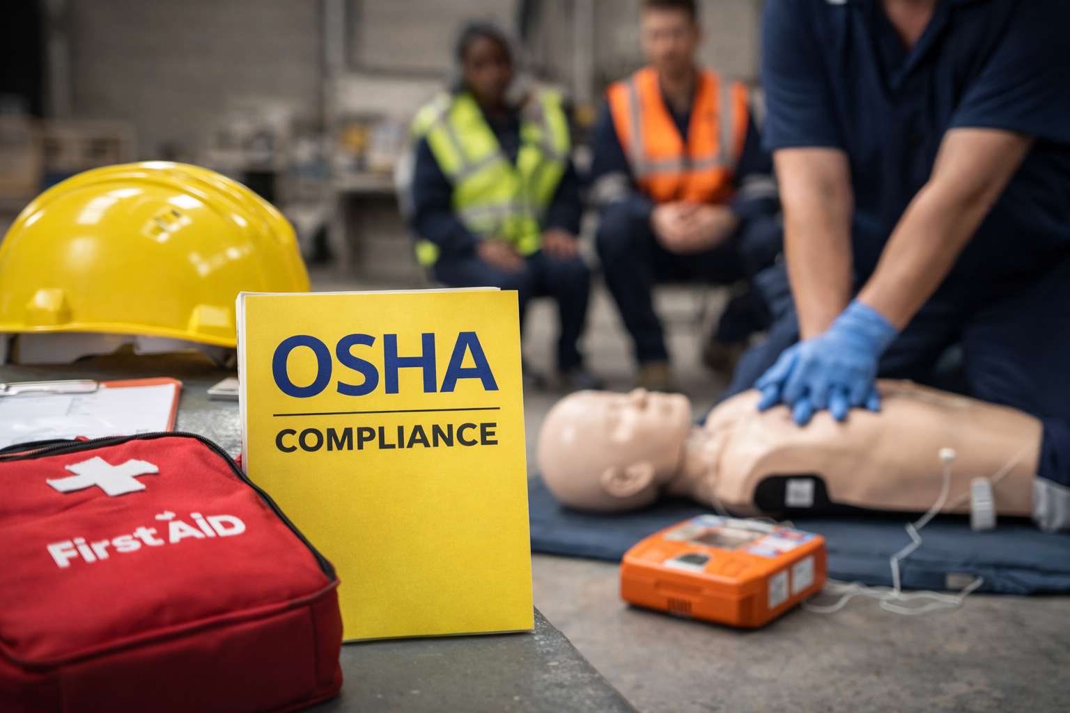 First Aid Training and OSHA Compliance demonstrated during a workplace CPR training session with an instructor performing chest compressions on a mannequin, a first aid kit, AED, and safety equipment visible in an industrial setting.