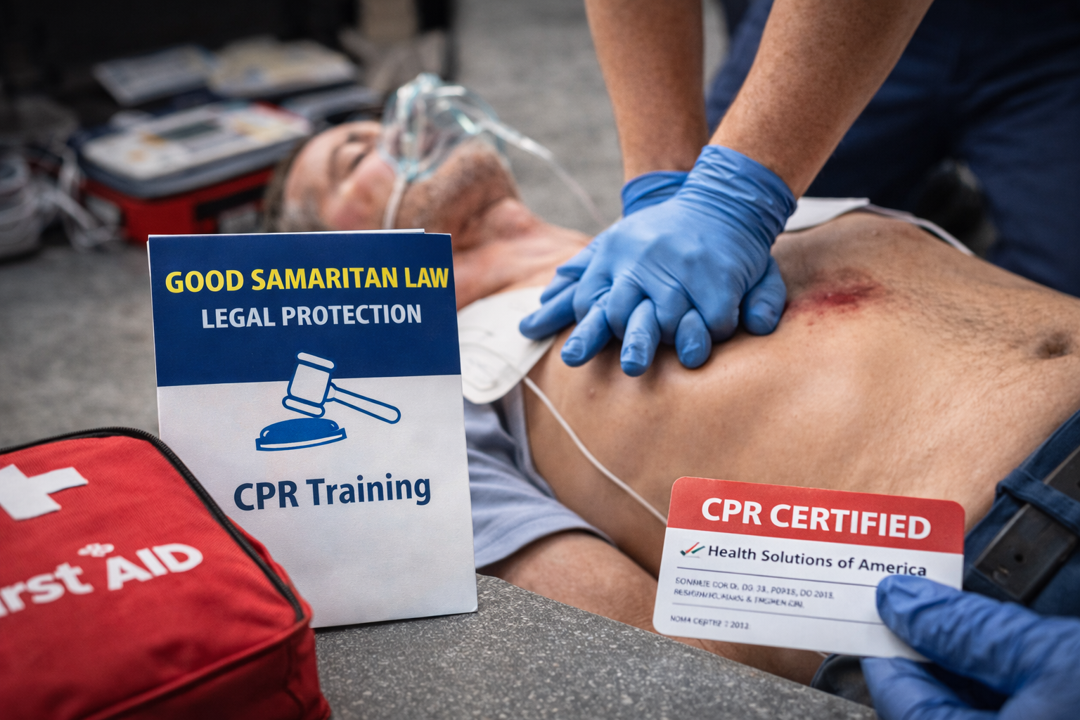 The Legal Importance of CPR Training shown during an emergency response scene with a responder performing chest compressions on a manikin, a Good Samaritan law guide, first aid kit, and CPR certification card visible to represent legal protection and proper training.