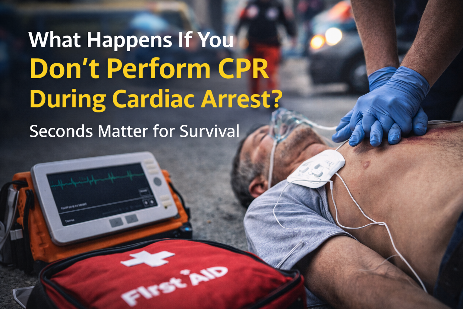 What Happens If You Don’t Perform CPR During Cardiac Arrest? A first responder performs chest compressions on an unconscious man with AED pads and oxygen in place, illustrating the urgency of immediate CPR to prevent brain damage and death.